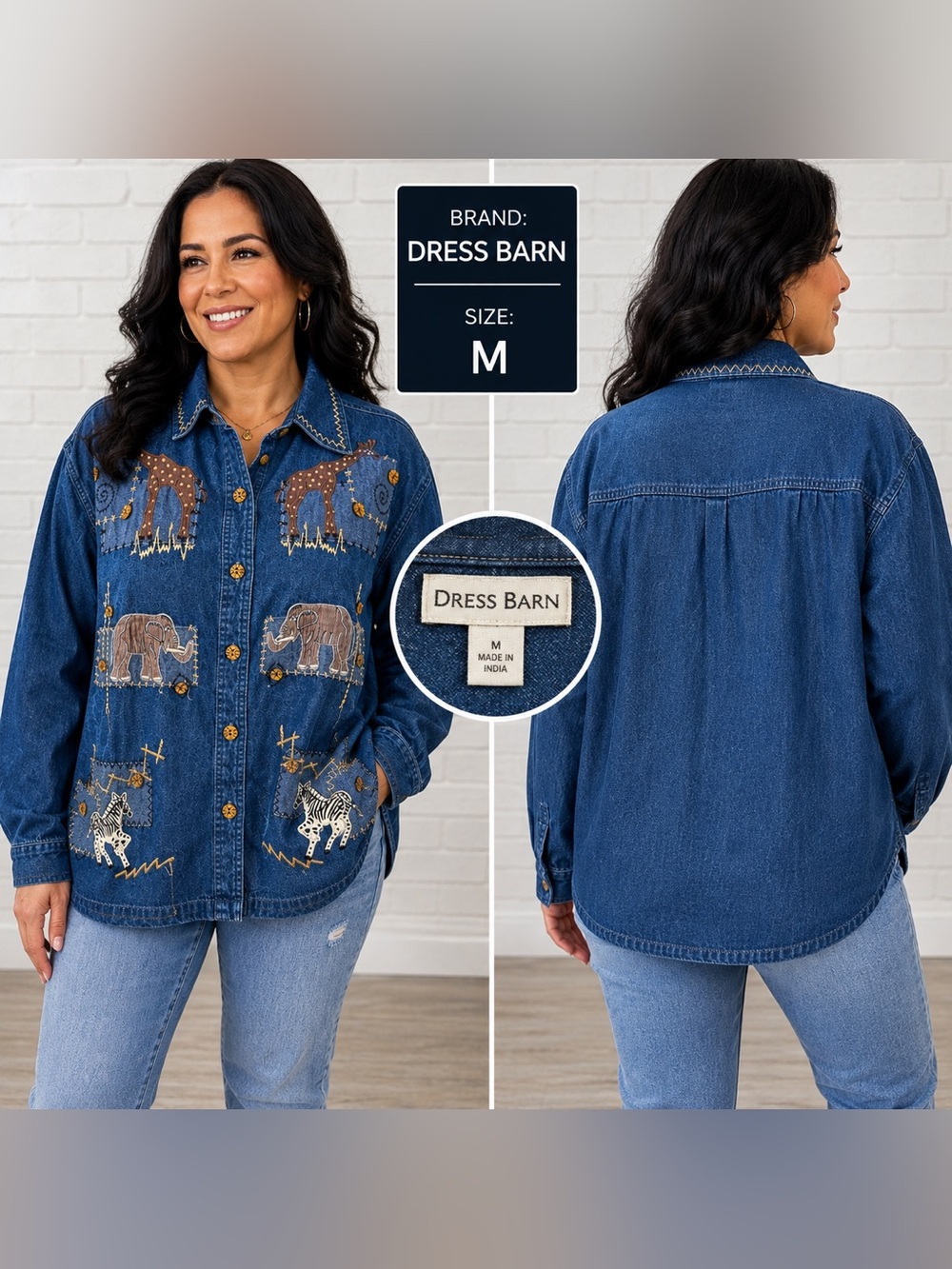 Vintage Safari Animal Embroidered Denim Shirt Jacket Giraffe Elephant Zebra